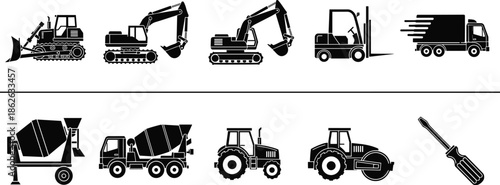 Black Construction Vehicle Silhouette Icon Set Featuring Bulldozer Excavator Forklift Delivery Truck Cement Mixer Tractor Road Roller And Manual Hand Tool