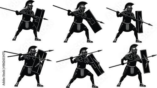 Roman soldier silhouette set, ancient warrior with spear and shield, battle stance illustration, historical combat fighter poses for graphic design