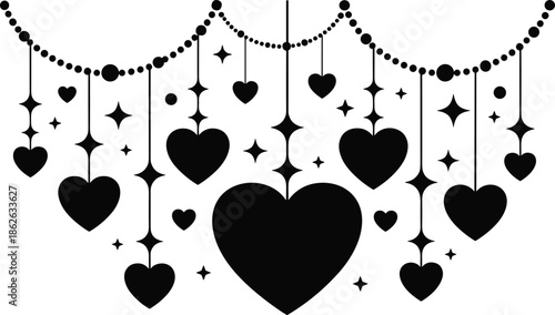 Black heart silhouette hanging garland background with stars, romantic decorative border for Valentine's Day greeting cards, wedding invitations, and love banners