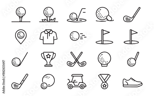 A collection of 20 black and white line art icons representing various golfing elements and accessories