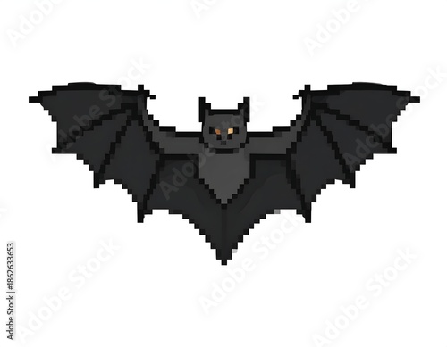 Pixelated illustration of a flying bat with outstretched wings