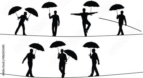 Tightrope walking silhouette collection, umbrella balancing performer, acrobat walking on rope, balance skill illustration set, circus action graphic