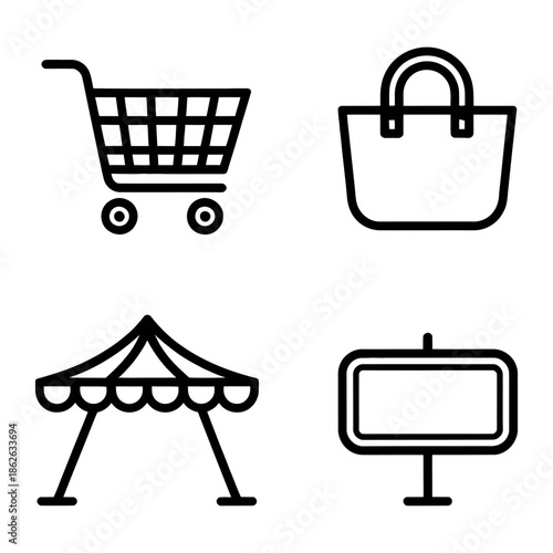 Shopping cart, handbag, tent, and signboard icons Vector