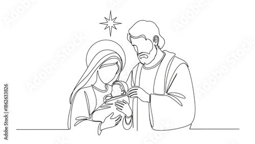 Holy Family Line Art Illustration with Star, Mary, Joseph and and Jesus