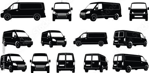 Van silhouette collection, commercial cargo vans, front and side view vehicle set, transport delivery van icons, automotive illustration bundle