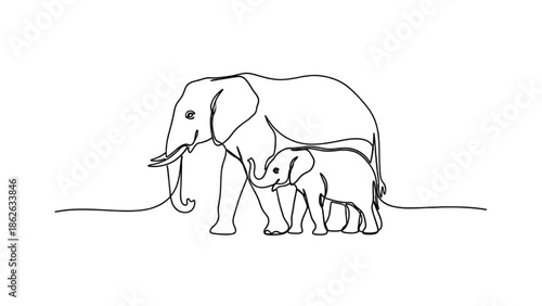Elephant and Calf Continuous Line Art Isolated on White