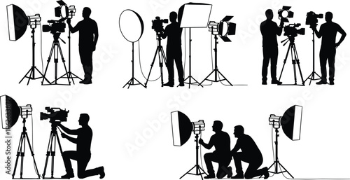 Videographer studio silhouette collection, professional camera operators, filming lighting setup, video production crew icons, photography studio equipment illustration