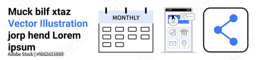 Scheduling, app design, user interaction, data sharing, digital organization, networking. Monthly calendar, profile interface sharing icon illustrations. Scheduling and app design themed