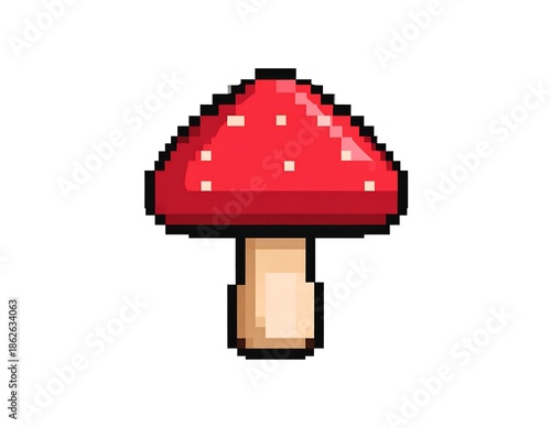 Pixelated red mushroom with white spots, stem against white