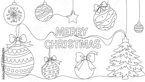 Christmas Ornaments Hanging on Tree Branches with Merry Christmas Text