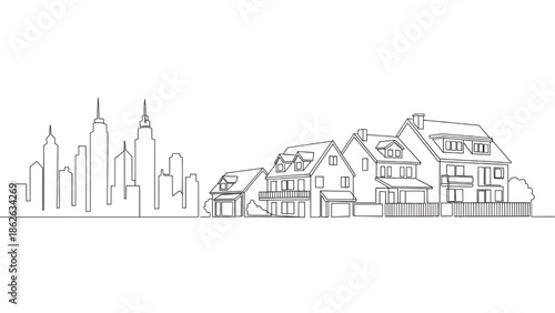 Suburban Homes with City Skyline Background Line Art Illustration