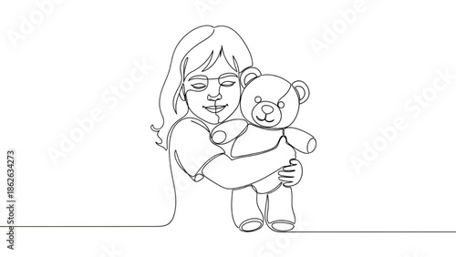 Little Girl Hugging Teddy Bear, Continuous Line Drawing, White Background