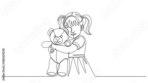 Little Girl Hugging Teddy Bear with Love and Affection, Simple Line Art Illustration