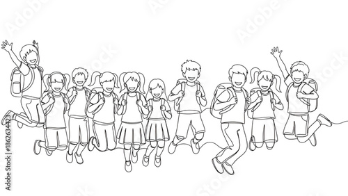 Happy Children Running and Playing Together in Joyful Line Drawing Style