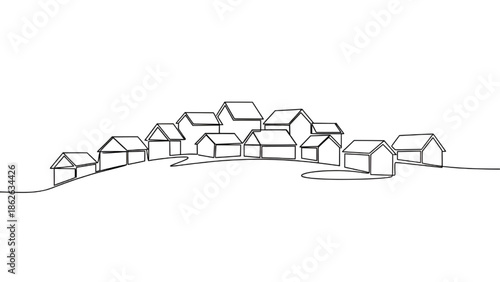 Village Houses Line Drawing on White Background