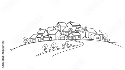 Village Houses on Hilltop with Trees Continuous Line Drawing