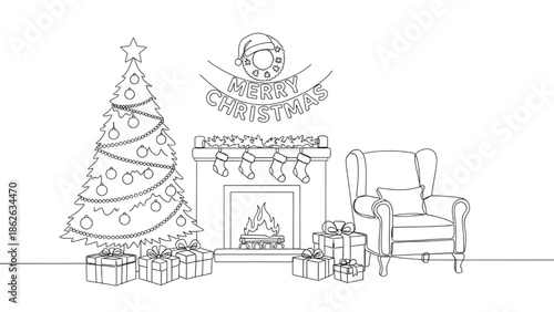 Christmas Tree with Gifts and Fireplace Coloring Page