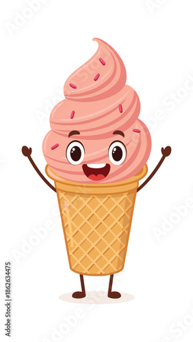 Cartoon pink ice cream cone character with happy face and sprinkles