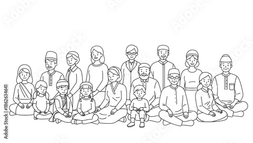 Indian Family Gathering Together in Traditional Clothing Line Art