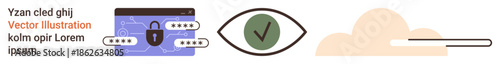 Cybersecurity, data encryption, online verification, cloud storage, secure access, password protection. Digital lock, eye check icon cloud sync. Cybersecurity and data encryption concept