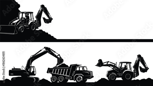 Black silhouette vector illustration of heavy construction machinery including excavators, dump trucks and backhoes working on a busy industrial site.