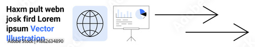 Data sharing, global communication, information flow, presentation design, workflow optimization, analytics. Globe icon, presentation board and arrows. Data sharing and global communication concept
