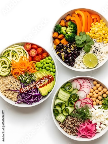 Vibrant Collection of Healthy Plant-Based Bowls on a Crisp White Canvas