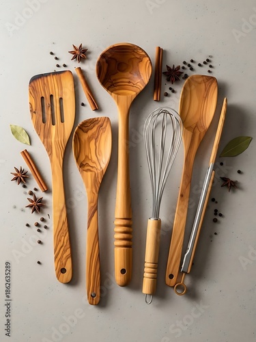Wooden Kitchen Utensils with Spices, High Angle Arrangement Flatlay