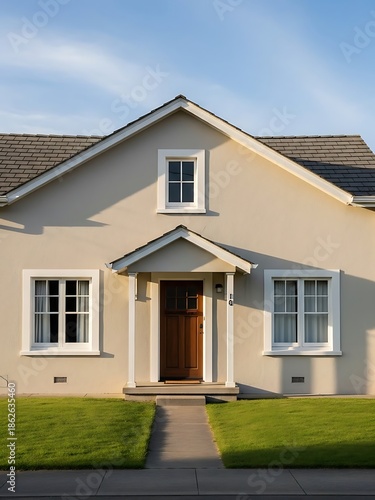 Quaint suburban cottage facade with well-kept lawn and clear blue sky