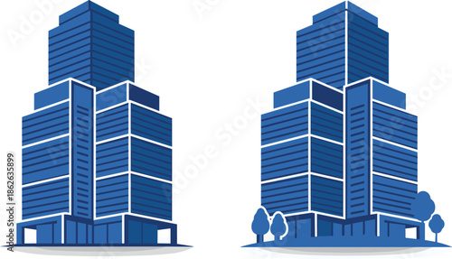 Blue modern skyscraper building architectural vector illustration set, professional real estate icon, corporate office structure isolated on white background for business.