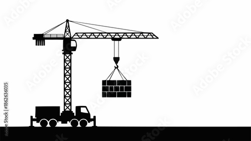Silhouette of a crane lifting a container on a construction site.