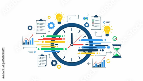Time Management and Productivity - Clock with Tasks and Charts Illustration.