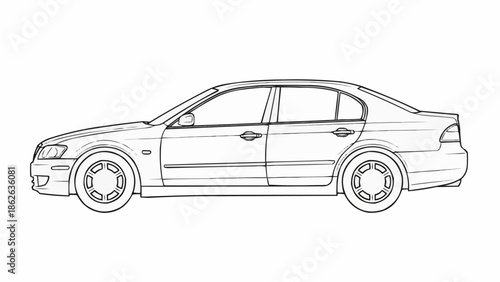 Detailed Line Art Depiction of a Modern Sedan Car.