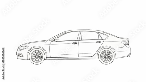 Detailed Line Art of a Modern Sedan Car.
