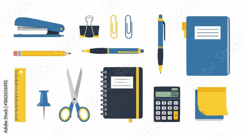 Stationery and Office Supplies Flat Lay Illustration.