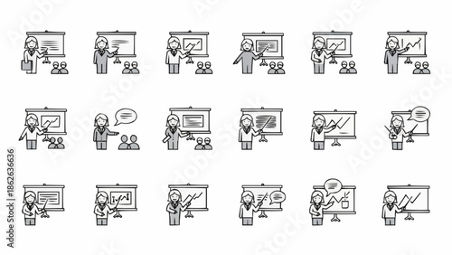 Diverse Arab Businesswoman Presenting Data on Screen - A Set of Vector Illustrations.