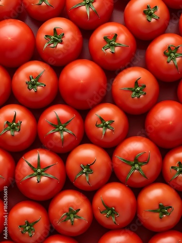 Vibrant collection of organic tomatoes against a saturated red background