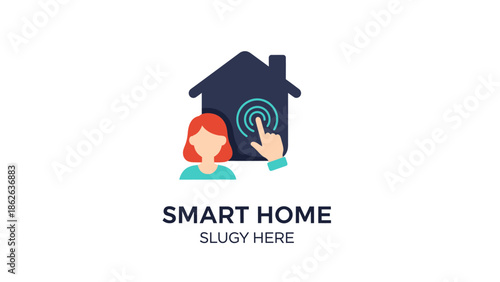 Smart Home Technology Icon with Person and Finger Touch.