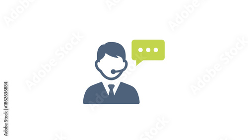 Customer service representative with headset and speech bubble icon.