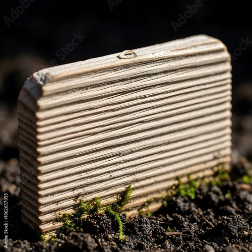 Wood block on rich soil with a water droplet as nature element