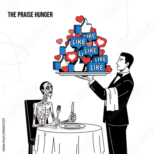 Starving Man Served Plate of Social Media Likes Addiction Concept