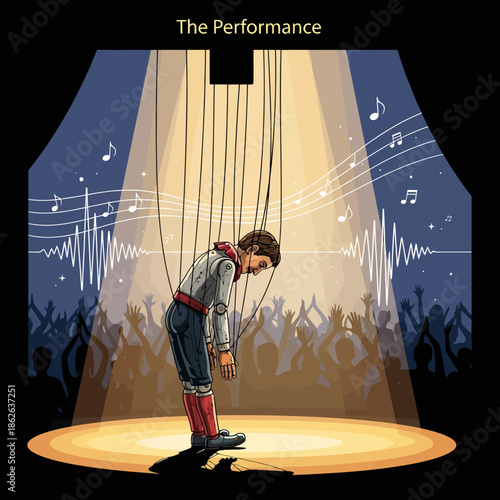 Marionette Puppet Taking Bow on Stage under Spotlight Concept