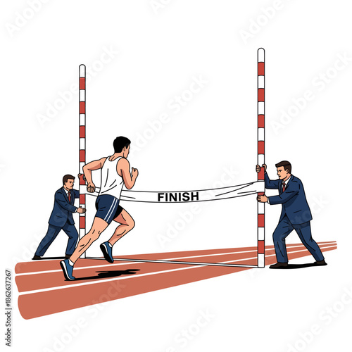 Businessmen Moving Finish Line to Sabotage Runner Race Concept