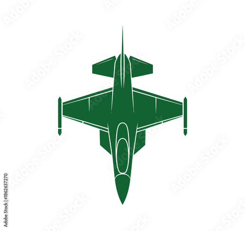 Sleek green fighter jet seen from directly above on a clean white background.