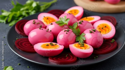Pink pickled deviled eggs on plate.