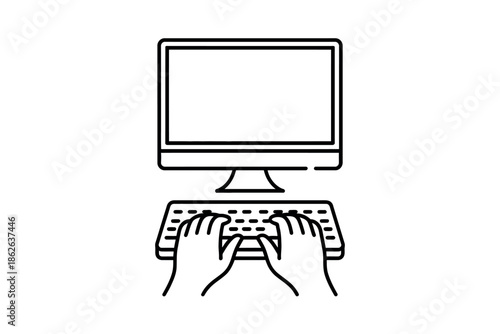 Hands typing on a computer keyboard in a clear, modern illustration