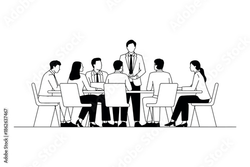 Team gathered around a table for a business meeting with a leader addressing them