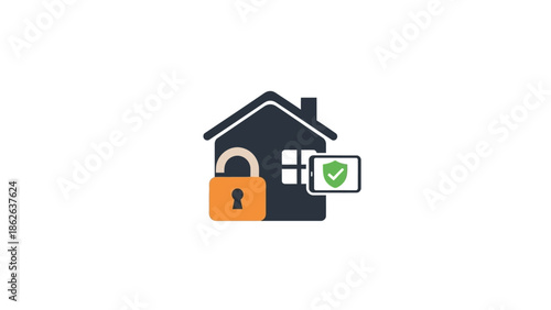 Home security system with padlock and digital shield icon.