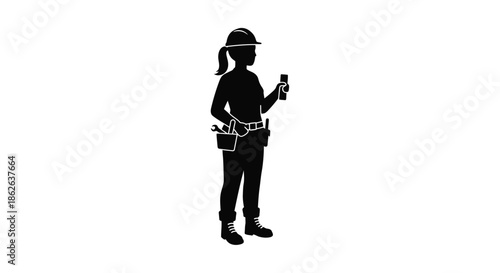 Female construction worker with tool belt and phone a striking black silhouette