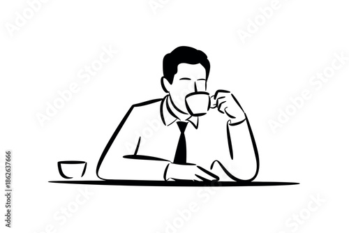 Man in shirt and tie enjoys a moment of quiet contemplation with a cup of coffee.